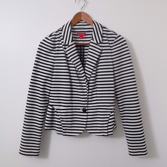 Elle Avery Striped Peplum Single Breast Blazer Soft Knit Casual Size Small - Picture 2 of 10